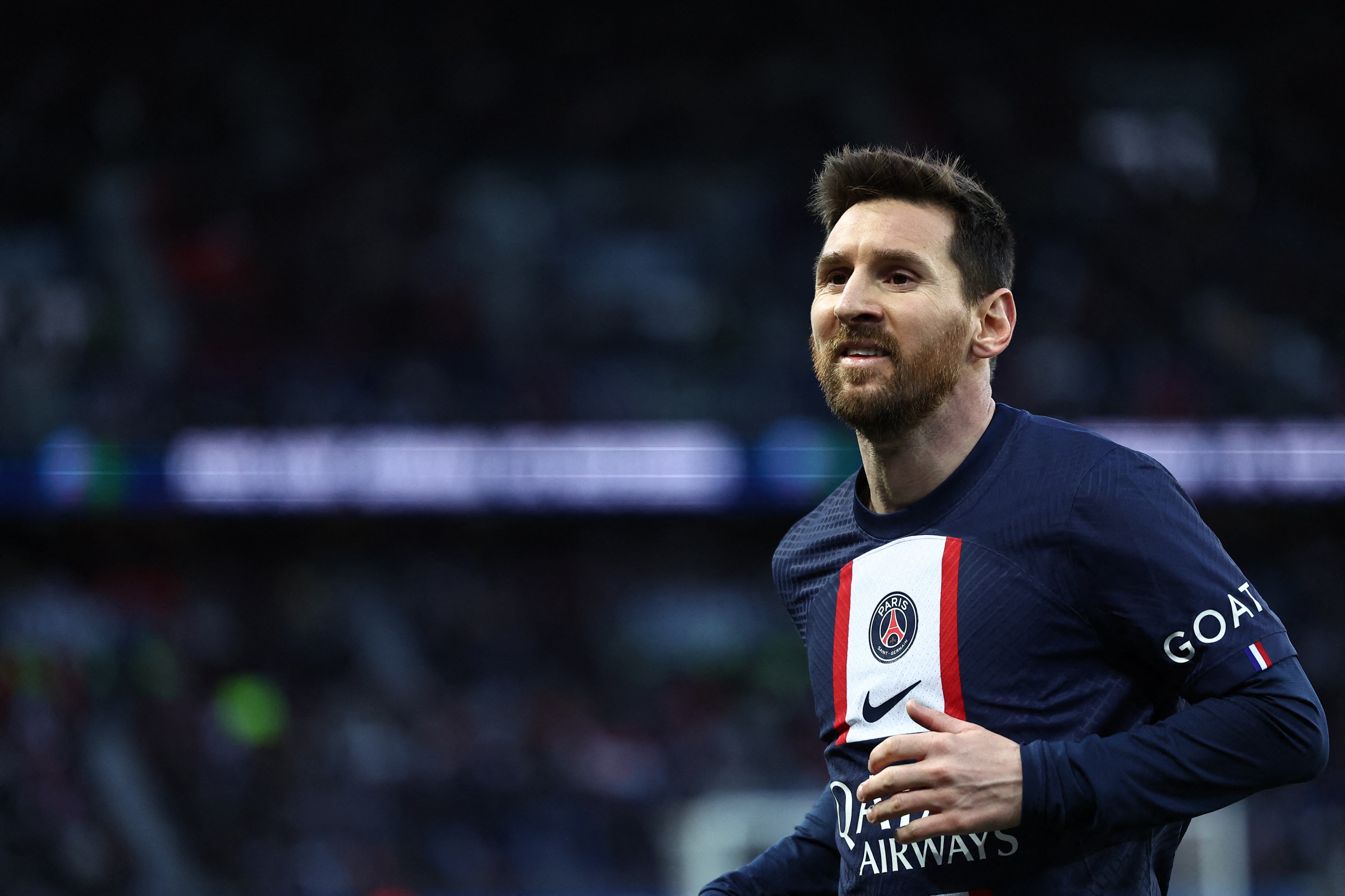 (FILES) In this file photo taken on March 19, 2023 Paris Saint-Germain's Argentine forward Lionel Messi reacts during the French L1 football match between Paris Saint-Germain (PSG) and Stade Rennais FC at The Parc des Princes Stadium in Paris. - Lionel Messi is "much more likely" to leave Paris Saint-Germain at the end of the season than sign a new deal, a source close to the club told AFP on April 4, 2023. Messi, who will turn 36 in June, joined in 2021 on a two-year deal which expires at the end of this campaign. (Photo by Anne-Christine POUJOULAT / AFP)