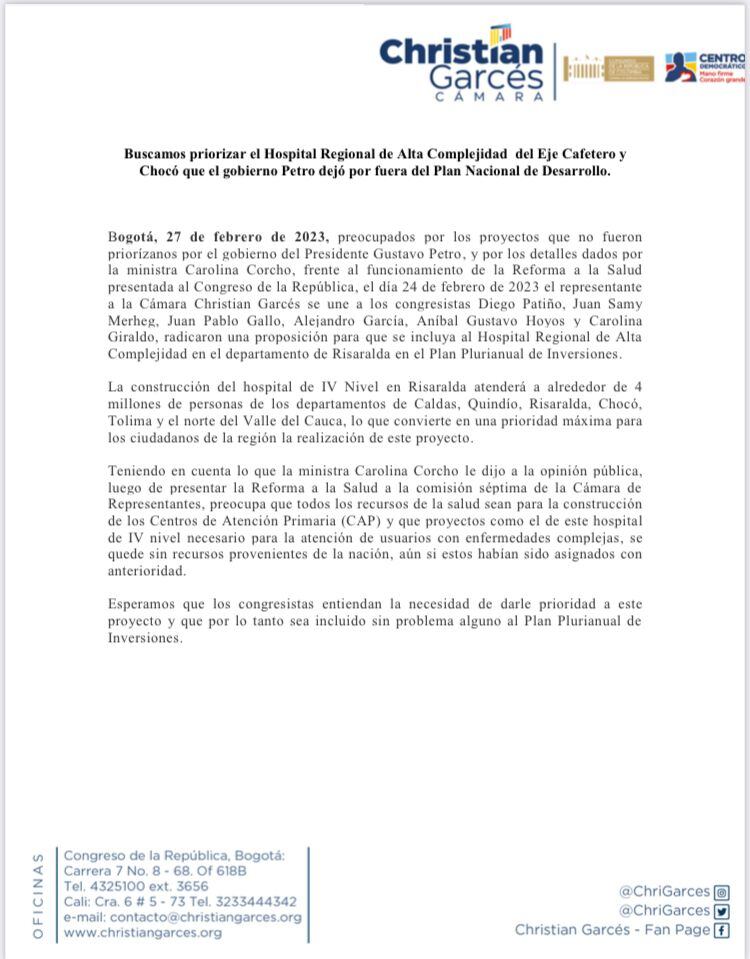 Comunicado del representante a la Cámara, Christian Garcés.