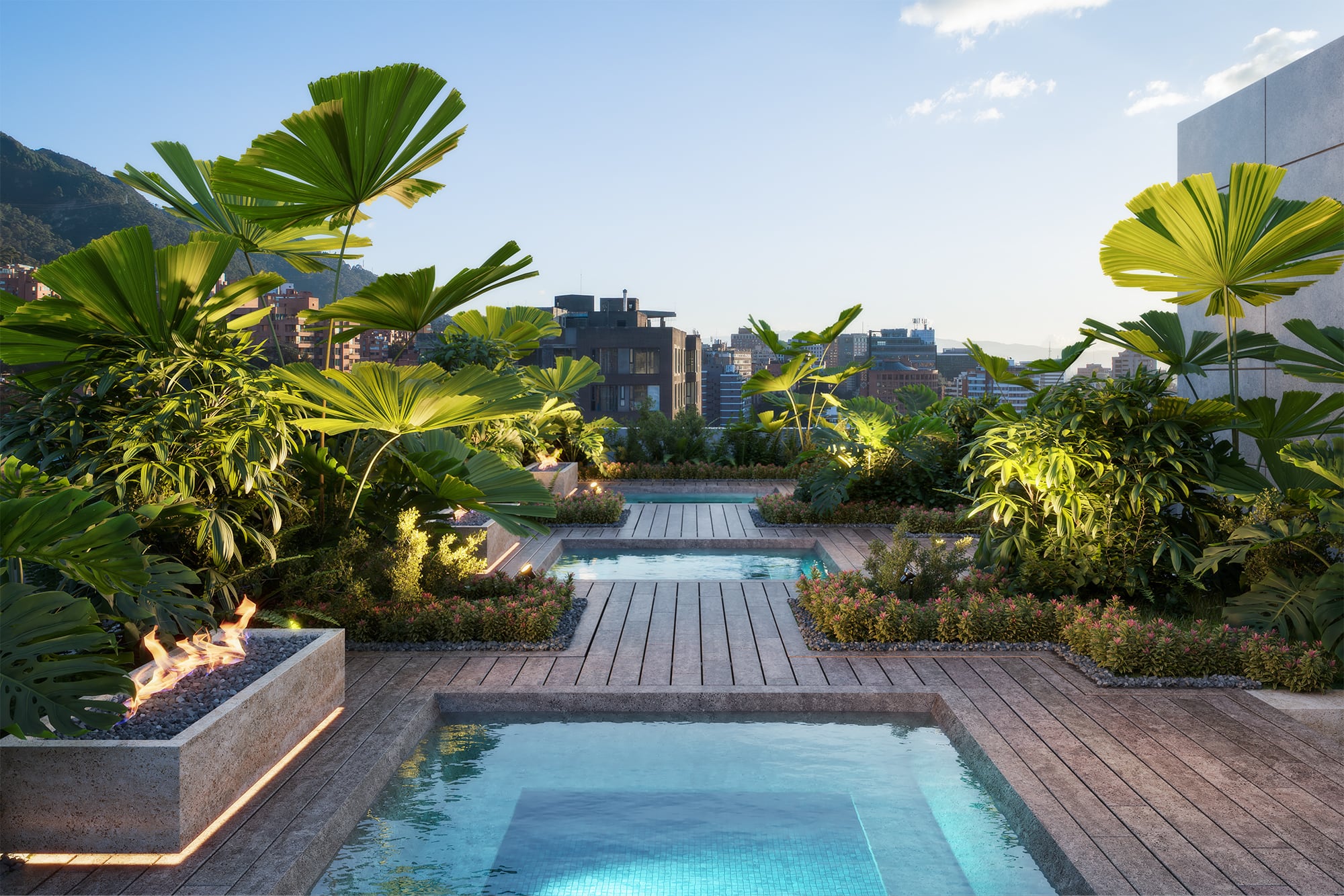 Las zonas comunes incluyen jacuzzi garden, summer kitchen & BBQ, coworking, sky training y lounge bar.