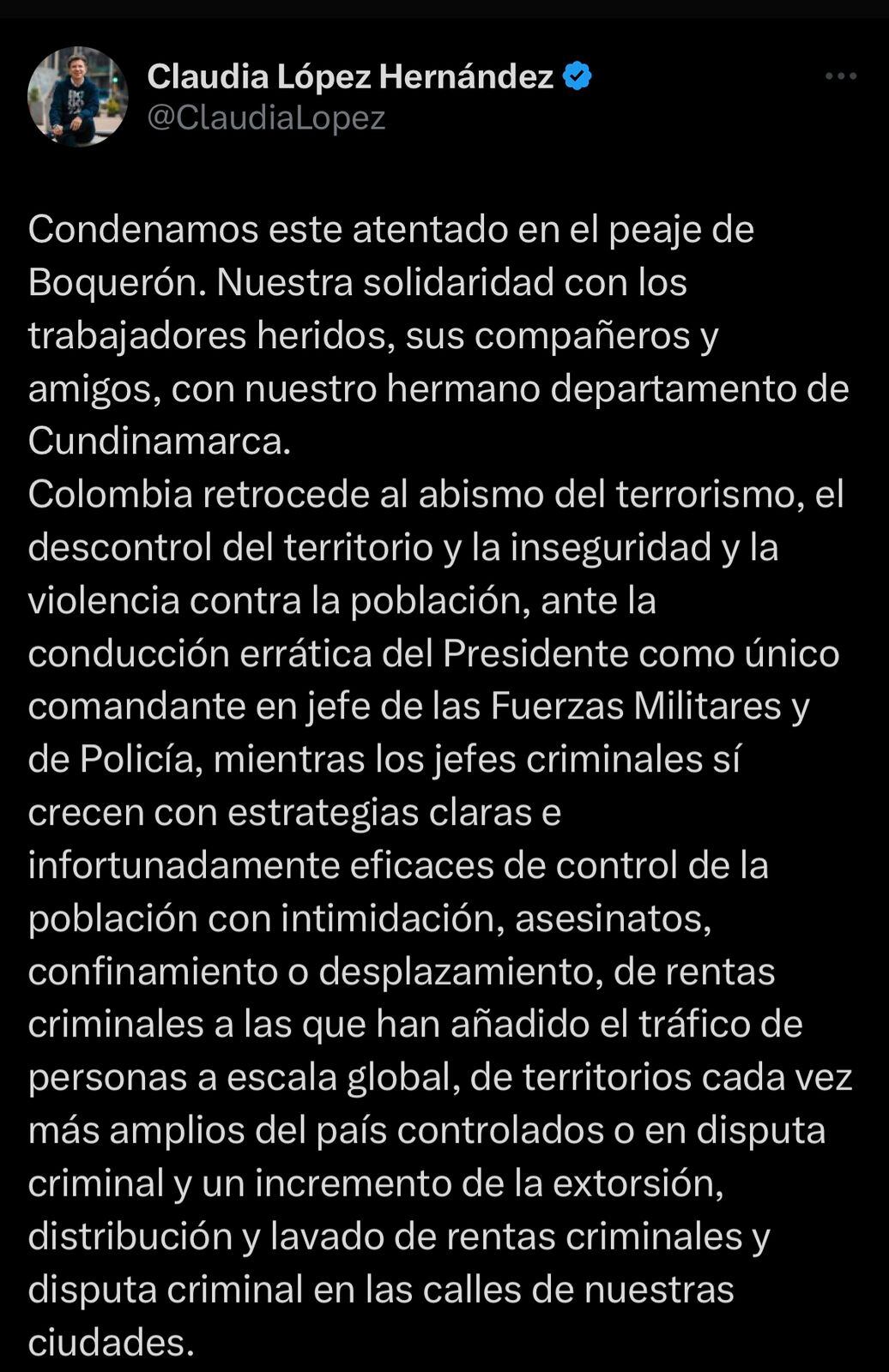 Claudia López repudió el atentado en Cundinamarca