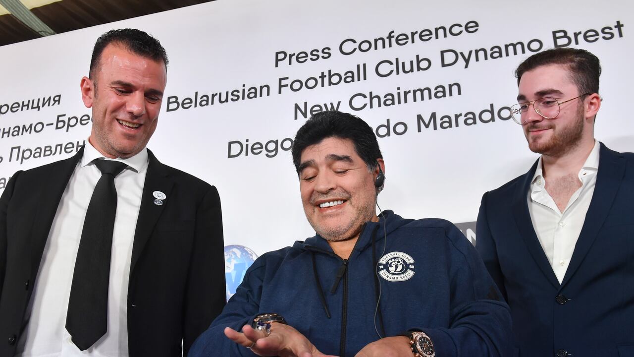 BREST, BELARUS JULY 16, 2018: Belarus-Emirates Business Union representative Tajeddine Seif (L) and retired Argentinian footballer Diego Maradona (C), appointed FC Dynamo Brest chairman, give a news conference. Viktor Drachev/TASS (Photo by Viktor Drachev\TASS via Getty Images)