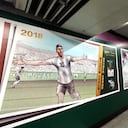 BEIJING, CHINA - OCTOBER 16, 2022 - A picture advertisement featuring the Qatar World Cup soccer tournament is displayed in the transfer channel at Xidan Station of subway Line 4 in Beijing, China, Oct 16, 2022. (Photo credit should read CFOTO/Future Publishing via Getty Images)