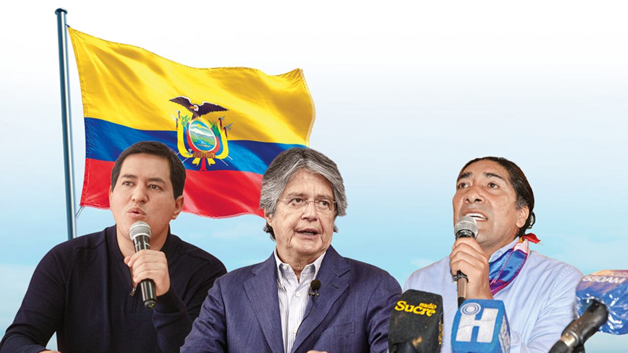 De izquierda a derecha, Andrés Arauz, Guillermo Lasso y Yaku Pérez. Ellos encabezan la carrera por la presidencia.