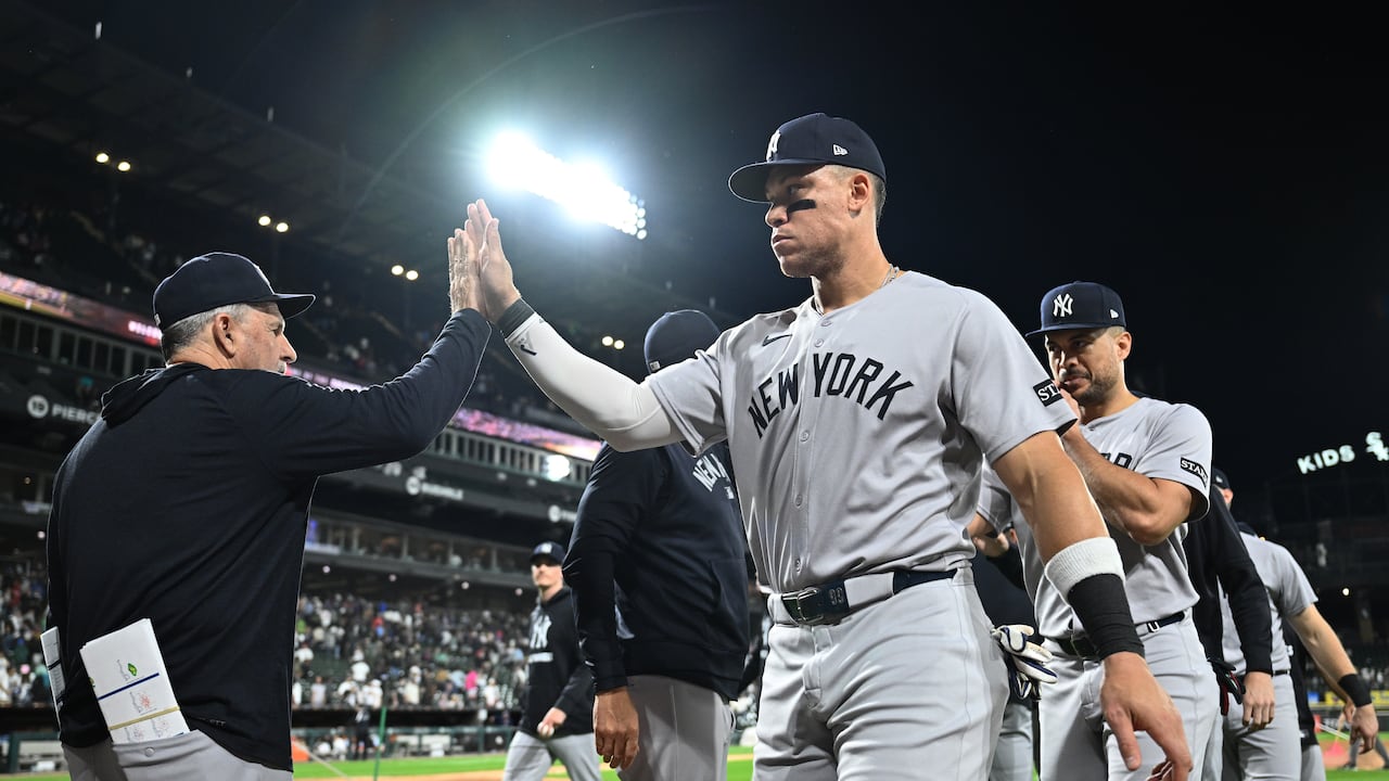 CHICAGO, ILLINOIS - AUGUST 30: Aaron Judge #99 of the New York Yankees celebrates after the game against the Chicago White Sox at Rate Field on August 30, 2025 in Chicago, Illinois. (Photo by Daniel Bartel/Getty Images)