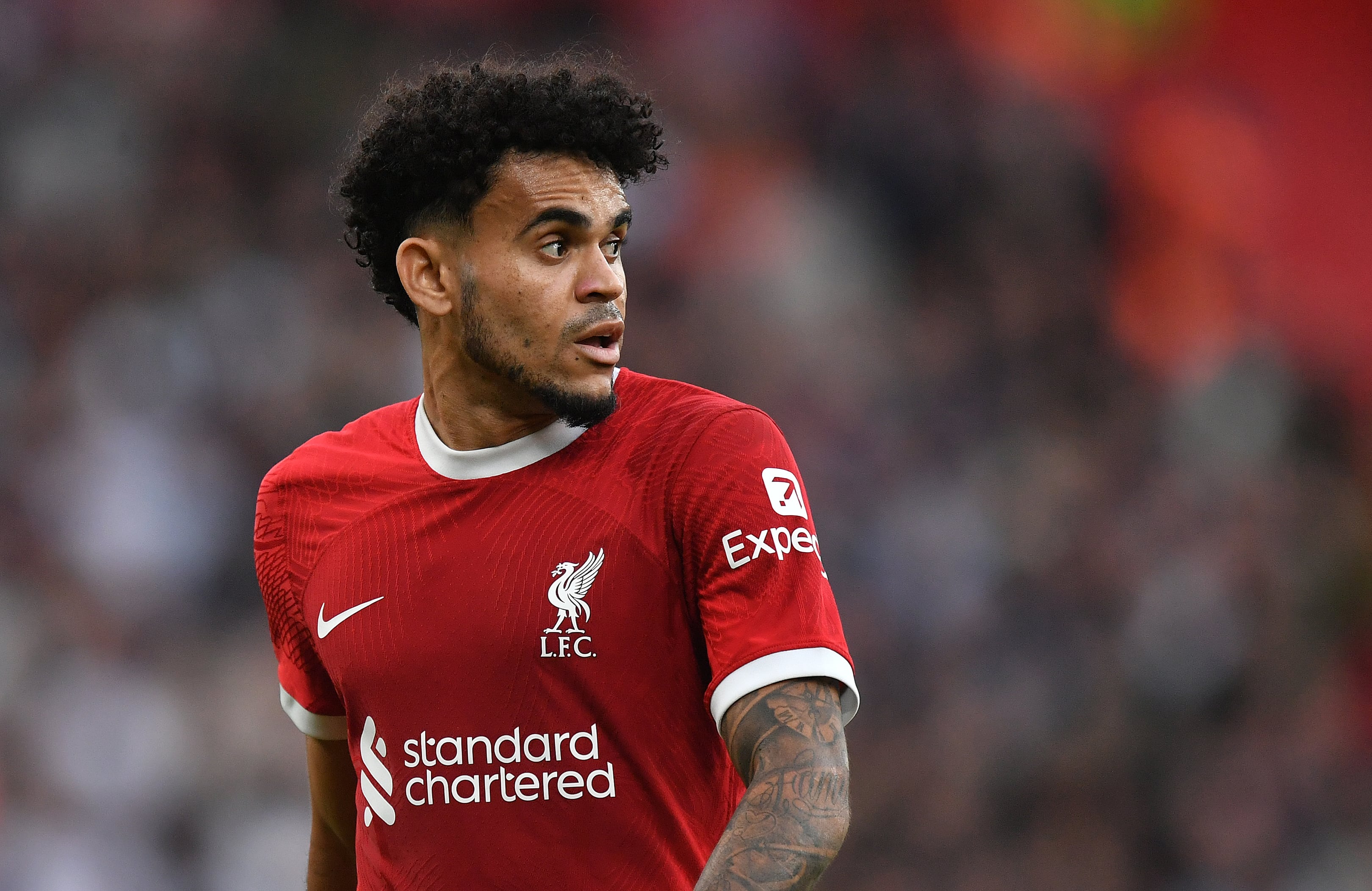 LIVERPOOL, ENGLAND - SEPTEMBER 24:  Liverpool's Luis Diaz during the Premier League match between Liverpool FC and West Ham United at Anfield on September 24, 2023 in Liverpool, England. (Photo by Dave Howarth - CameraSport via Getty Images)