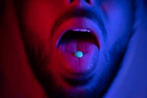 Close up of man mouth swallowing ecstasy drugs. Man taking MDMA ecstasy pill. High quality 4k footage