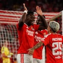 LISBON, PORTUGAL - OCTOBER 15: Jhon Duran of SL Benfica celebrates scoring his team’s first goal with Gianluca Prestianni during the UEFA Europa League 2026/27 League Phase MD2 match between SL Benfica and Celtic FC at Estadio do SL Benfica on October 15, 2026 in Lisbon, Portugal. (Photo by Gualter Fatia/Getty Images)