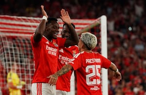 LISBON, PORTUGAL - OCTOBER 15: Jhon Duran of SL Benfica celebrates scoring his team’s first goal with Gianluca Prestianni during the UEFA Europa League 2026/27 League Phase MD2 match between SL Benfica and Celtic FC at Estadio do SL Benfica on October 15, 2026 in Lisbon, Portugal. (Photo by Gualter Fatia/Getty Images)