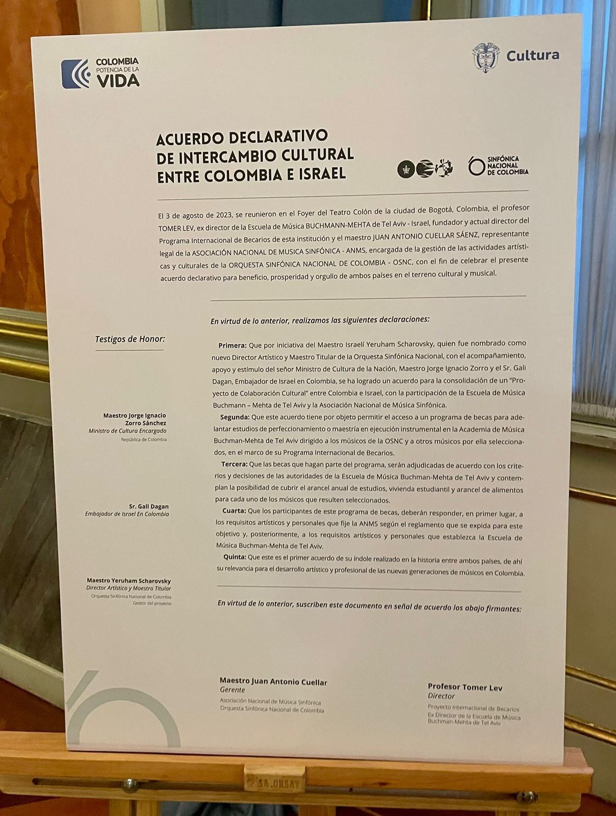 Acuerdo colaborativo de intercambio cultural entre Colombia e Israel.