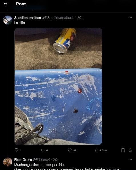 Silla y lata de cerveza que le lanzaron a una mujer en el estadio Metropolitano.