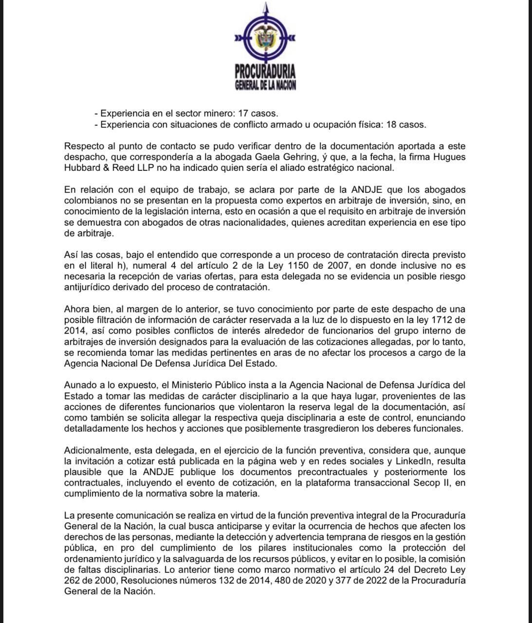 Carta de la Procuraduría sobre caso Continental Gold-