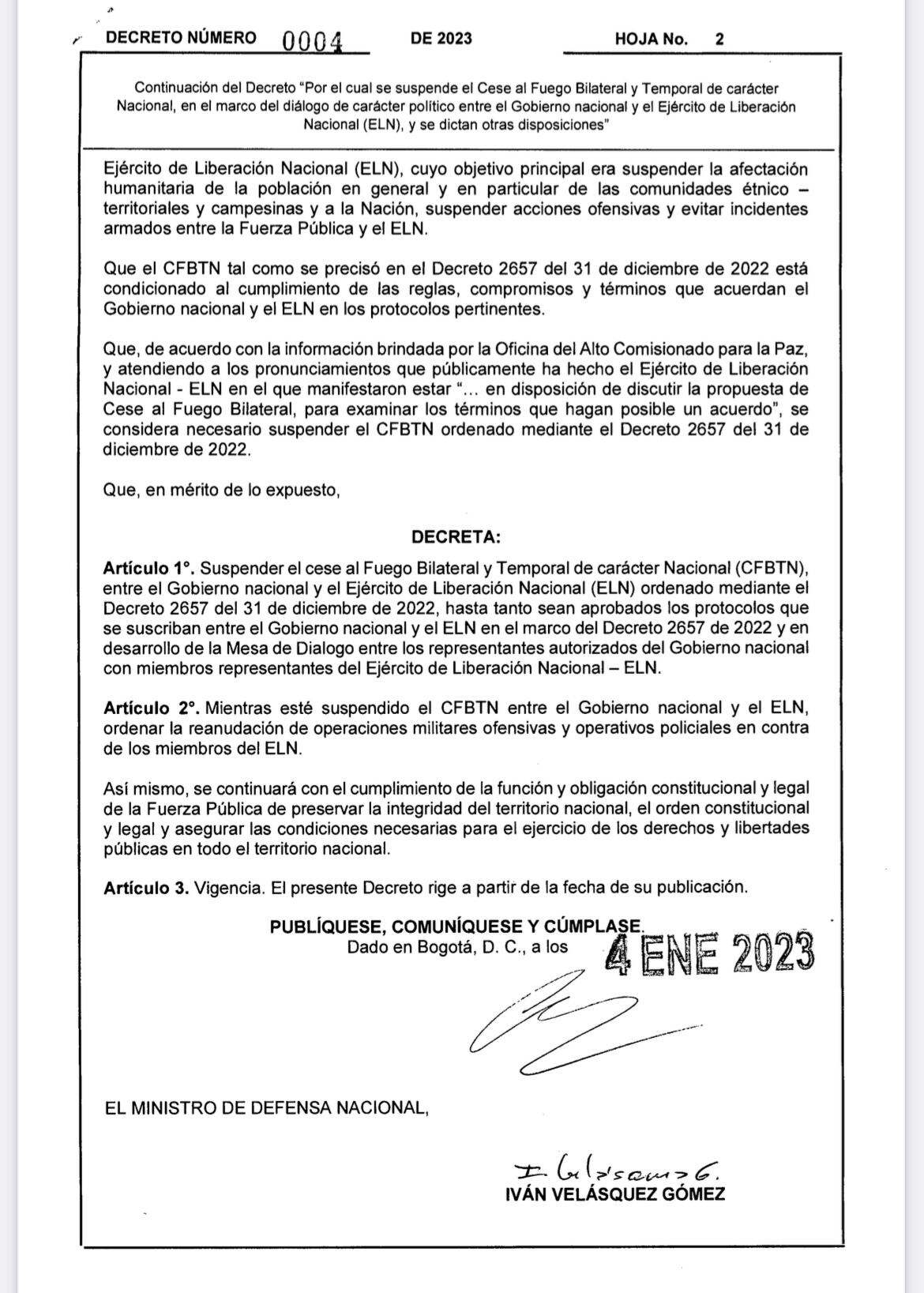 Decreto suspensión cese bilateral con el ELN