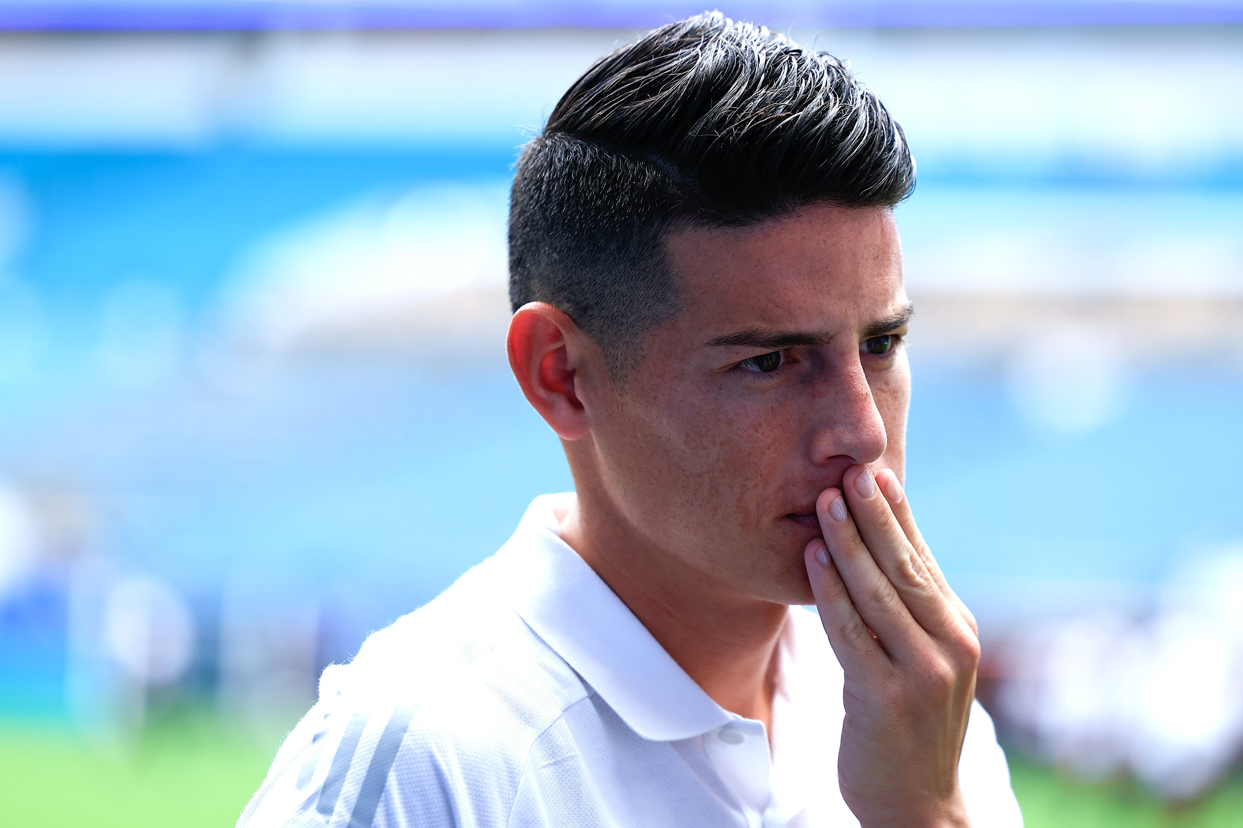 MIAMI GARDENS, FLORIDA - JULY 13: James Rodríguez #10 of Colombia reacts during field regonition ahead of their final match against Argentina as part of CONMEBOL Copa America USA 2024 at Hard Rock Stadium on July 13, 2024 in Miami Gardens, Florida.  (Photo by Buda Mendes/Getty Images)