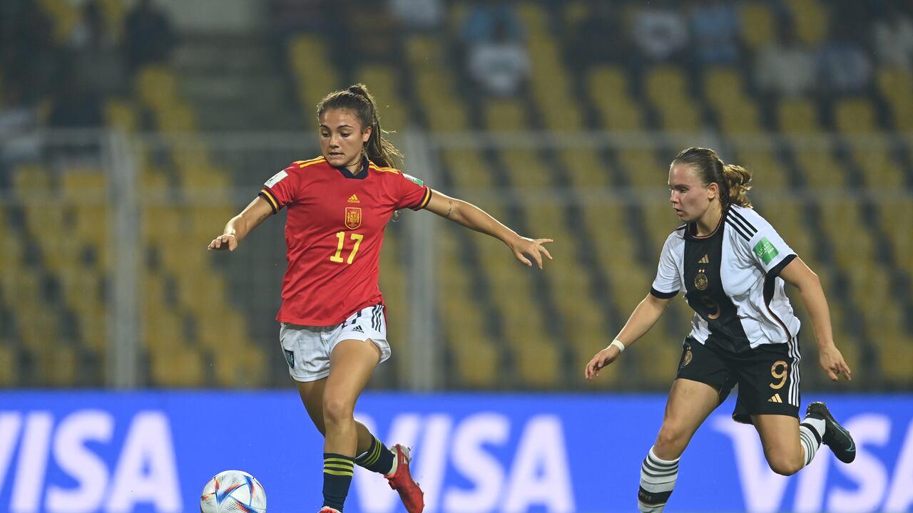 GOA, INDIA - OCTOBER 26: Marina Rivas Jaen of Spain in action during the FIFA U-17 Women's World Cup 2022 Semi-Final, match between Germany and Spain at Pandit Jawaharlal Nehru Stadium on October 26, 2022 in Goa, India. (Photo by Masashi Hara - FIFA/FIFA via Getty Images)
