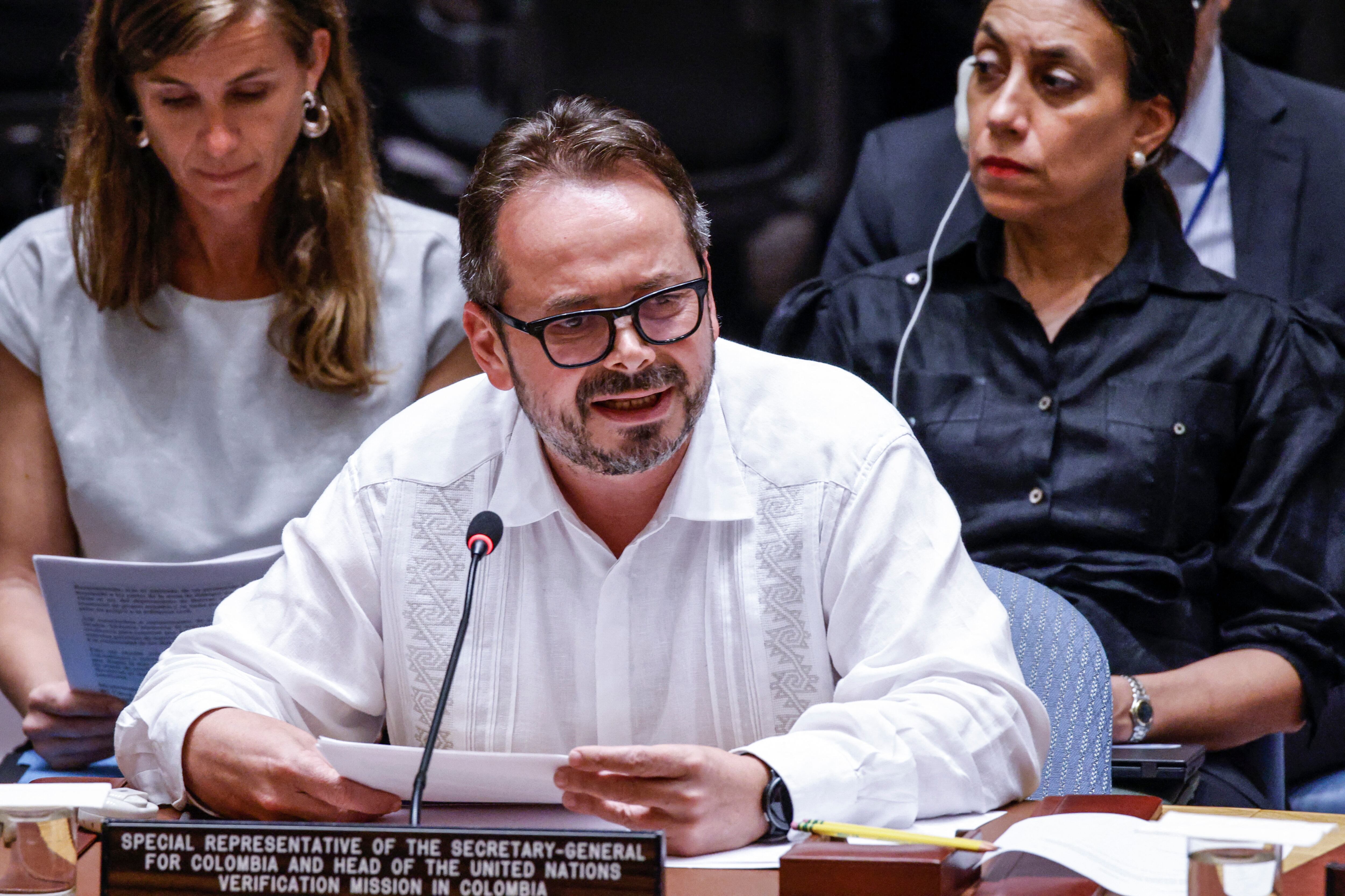Carlos Ruiz Massieu, Representante Especial para Colombia y jefe de la Misión de Verificación de las Naciones Unidas en Colombia, habla durante una sesión del Consejo de Seguridad de la ONU sobre el progreso del proceso de paz colombiano en la sede de la ONU en Nueva York el 11 de julio de 2024.