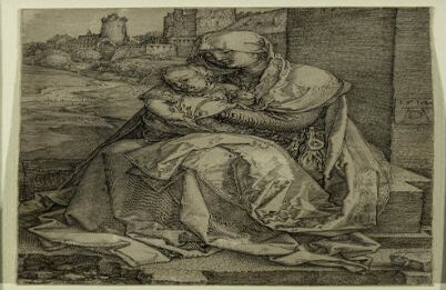 'La Virgen con el niño al pie de la muralla' 1514/Buril.
  "La pasión grande" y "la vida de la Virgen" son series con gran sentimiento religioso. Tiene un carácter más dramático en la primera y más sentimental en la segunda. En ambas estampas se advierte la diferencia entre el antes y después del viaje a Italia. Mientras que las primeras tienen rasgos del último arte gótico, las segundas son un buen ejemplo del nuevo arte renacentista que se basa en la perspectiva científica, en el conocimiento de la anatomía y la comprensión de las  formas clásicas de construcción. Los artistas alemanes no imitaron en su totalidad las figuras o los gestos plasmados por los pintores y escultores italianos sino que por el contrario adaptaron los nuevos principios del arte a su propio estilo e ingenio. 