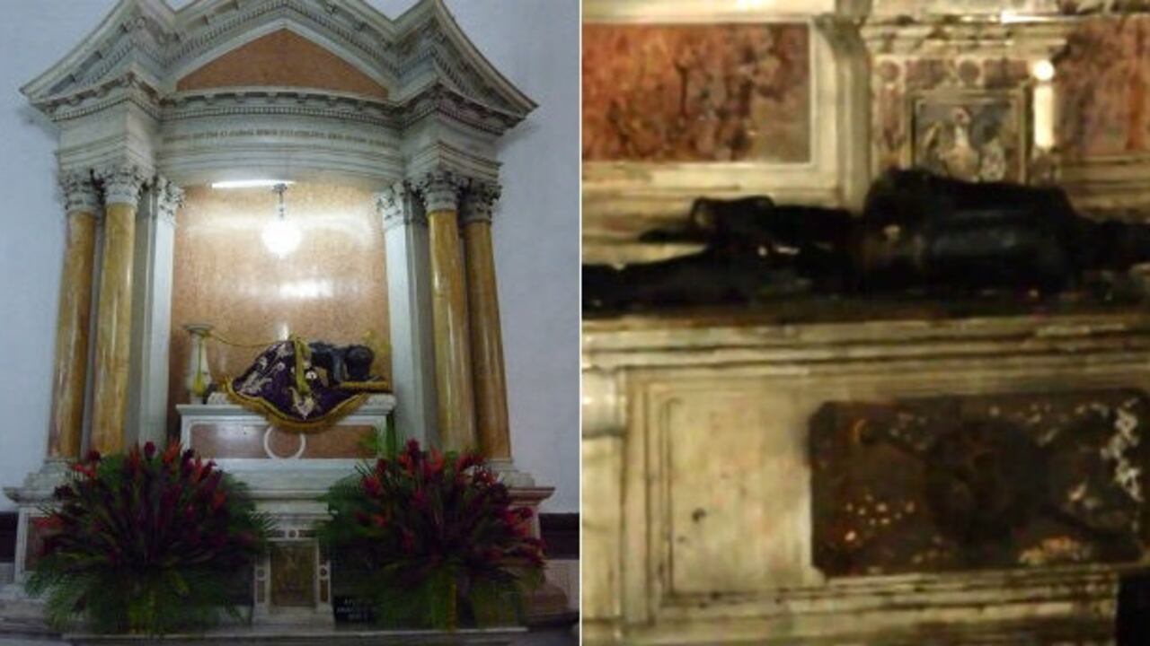 A la izquierda, la imagen del Señor Caído de la iglesia La Candelaria en Medellín, antes del incendio.