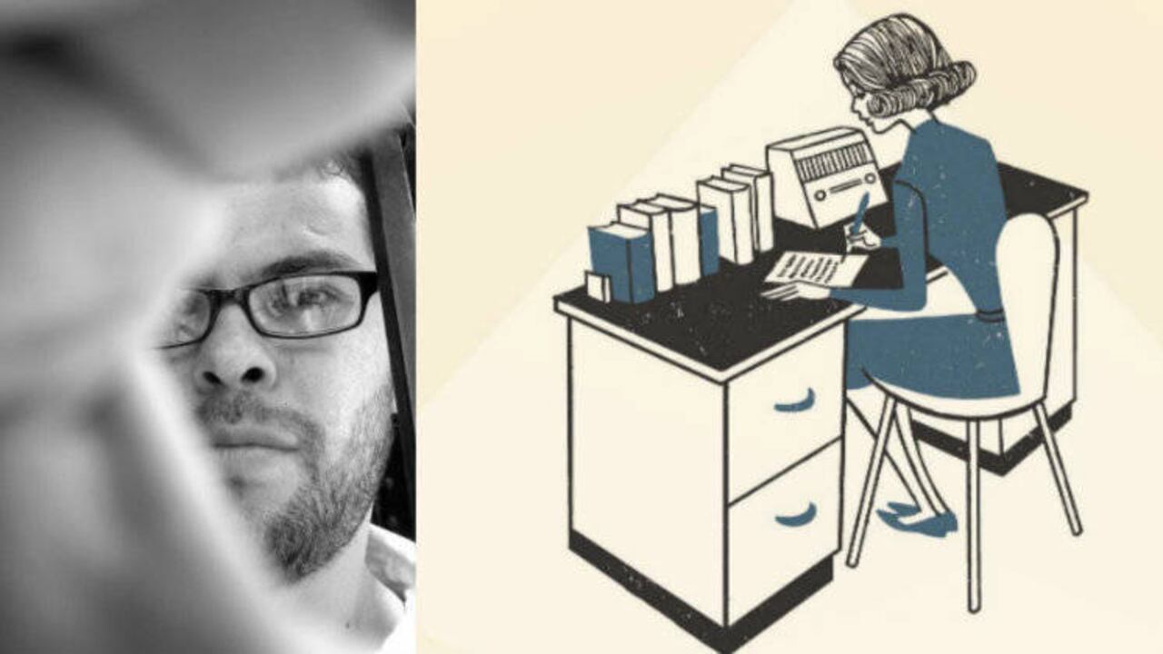 Andrés Burgos (izquierda) y la ilustración de portada de su novela 'Clases de baile para oficinistas'. (derecha), publicada por Random House.