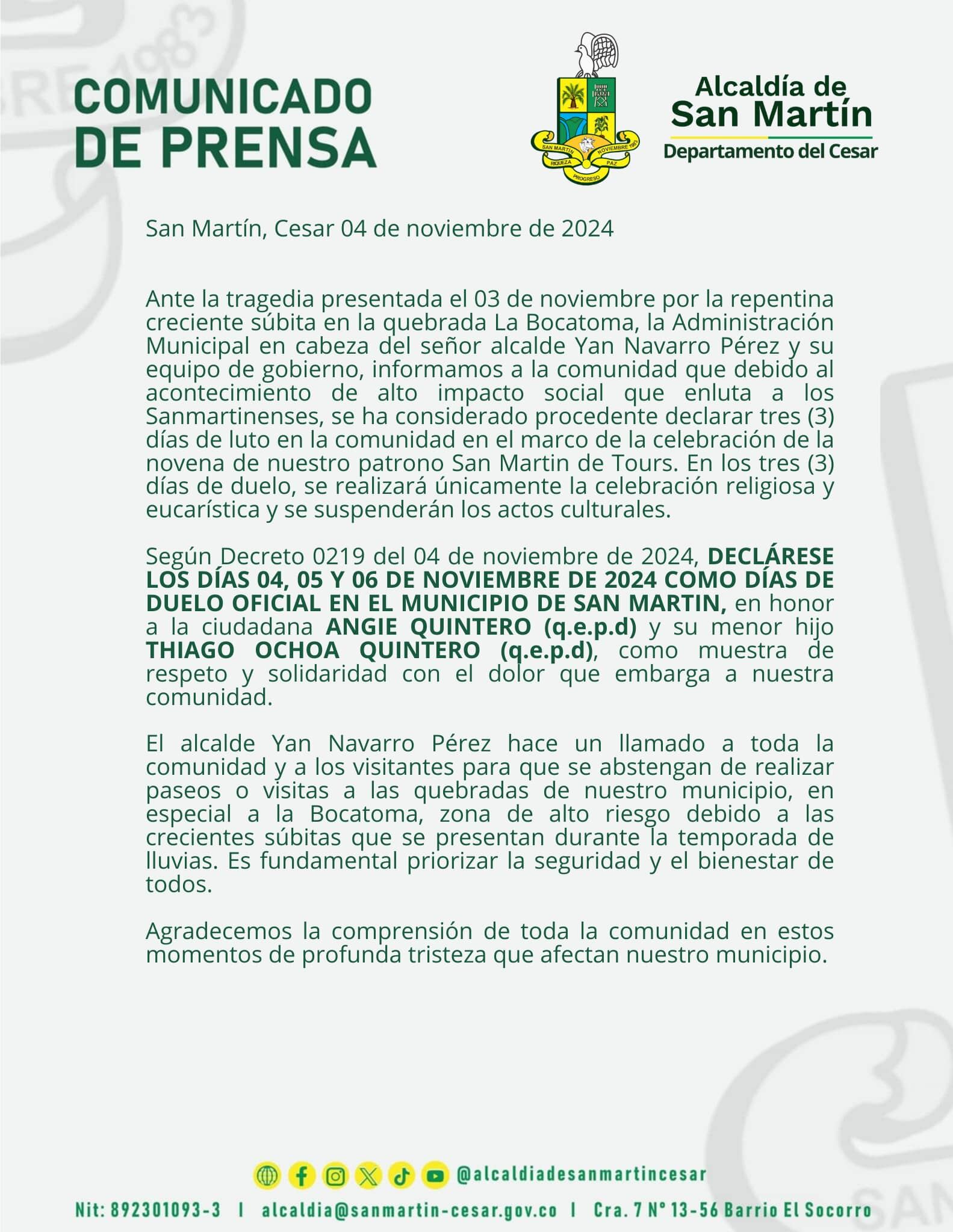 Decretaron tres días de luto en San Marín, Cesar.