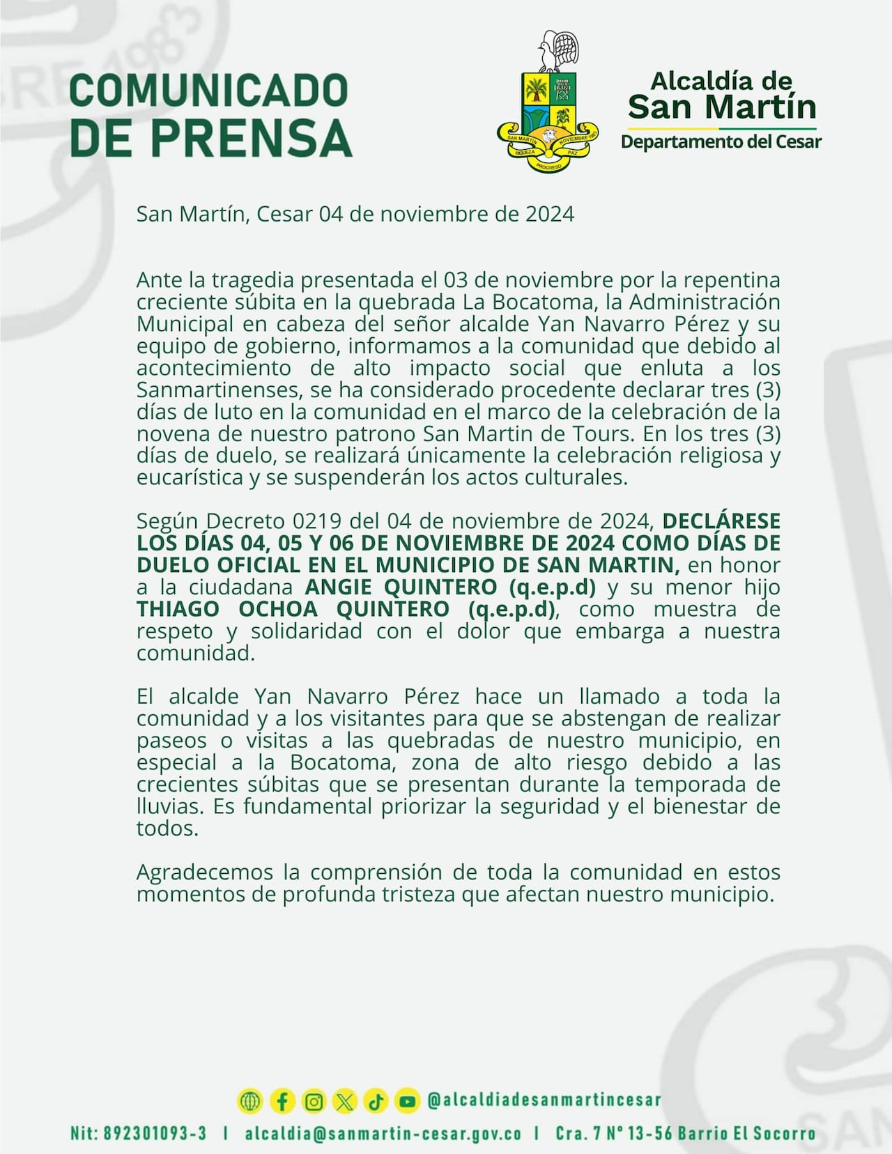 Decretaron tres días de luto en San Marín, Cesar.