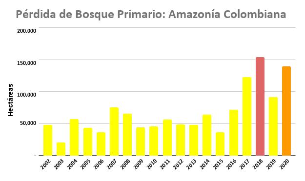 Pérdida de bosque primario en Amazonia colombiana