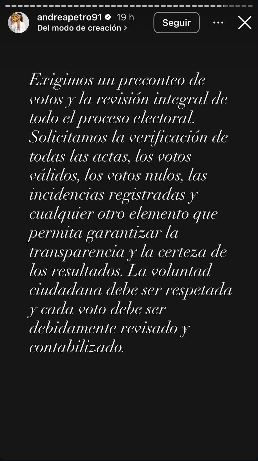 Andrea Petro reaccionó a resultados presidenciales 2026