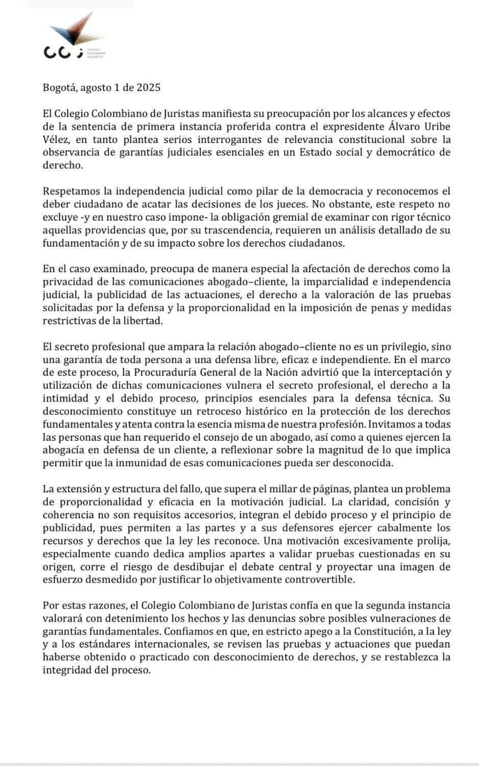 Este es el comunicado del Colegio Colombiano de Juristas.
