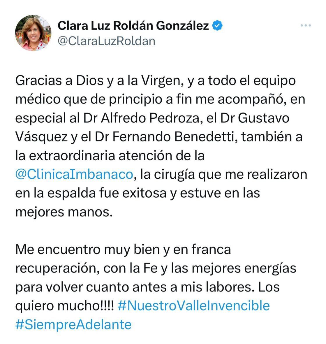 Gobernadora confirma éxito de cirugía.