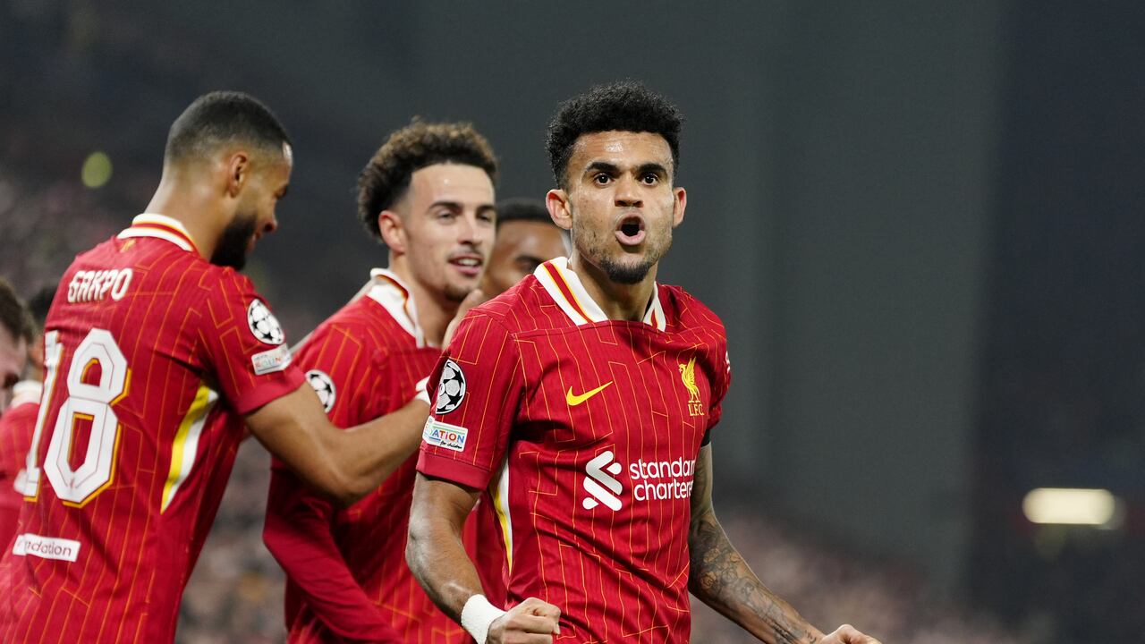 Liverpool's Luis Diaz celebrates scoring their side's first goal of the game during the UEFA Champions League, league stage match at Anfield, Liverpool. Picture date: Tuesday November 5, 2024. (Photo by Peter Byrne/PA Images via Getty Images)
