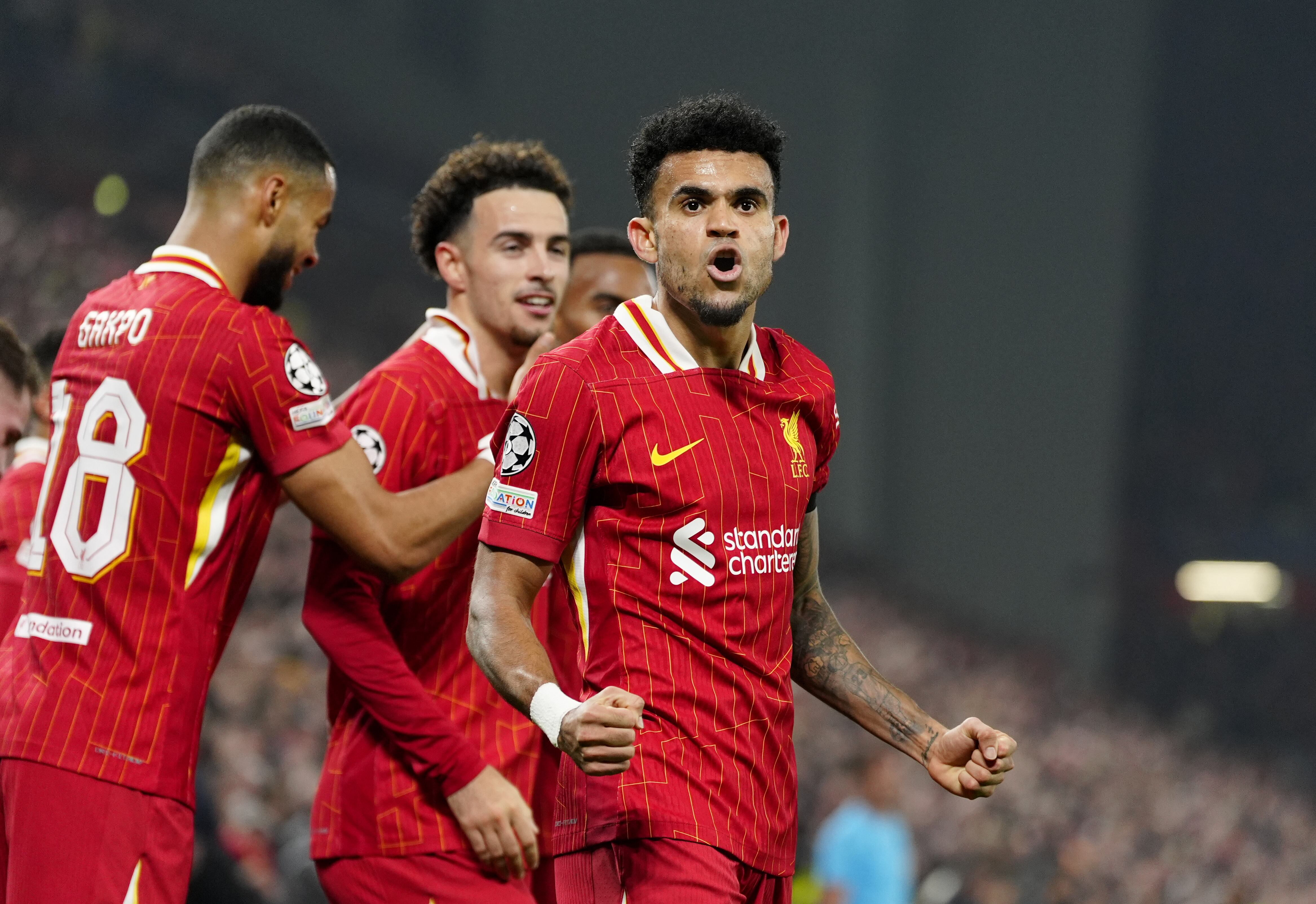 Liverpool's Luis Diaz celebrates scoring their side's first goal of the game during the UEFA Champions League, league stage match at Anfield, Liverpool. Picture date: Tuesday November 5, 2024. (Photo by Peter Byrne/PA Images via Getty Images)
