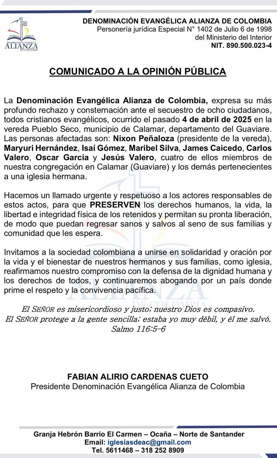 Comunicado donde rechazan el secuestro de 8 personas en Guaviare.