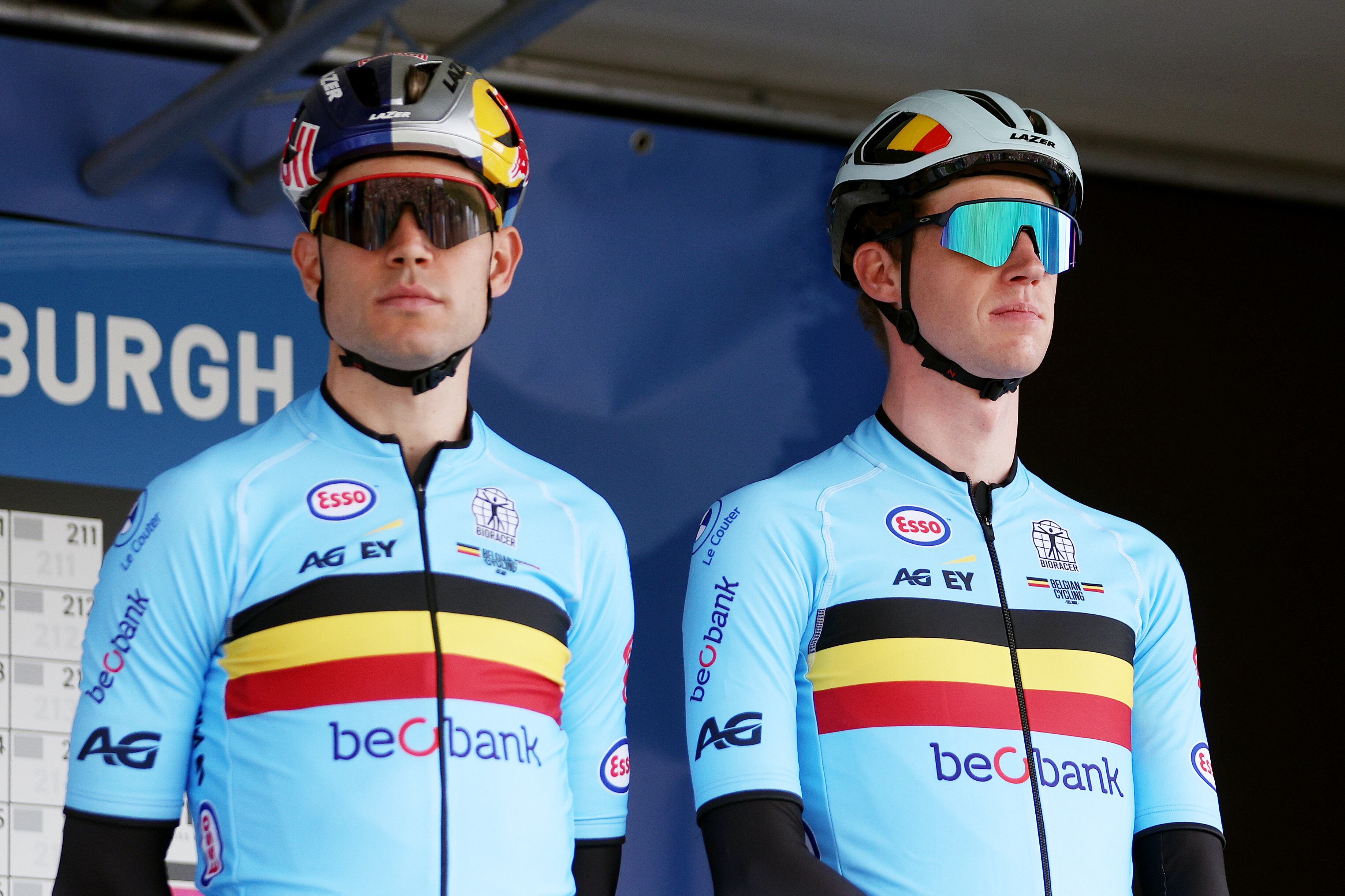 EDINBURGH, SCOTLAND - AUGUST 06: (L-R) Wout Van Aert of Belgium and Nathan Van Hooydonck of Belgium during the team presentation prior to the 96th UCI Cycling World Championships Glasgow 2023, Men Elite Road Race a 271.1km one day race from Edinburgh to Glasgow / #UCIWT / on August 06, 2023 in Edinburgh, Scotland. (Photo by Dean Mouhtaropoulos/Getty Images)