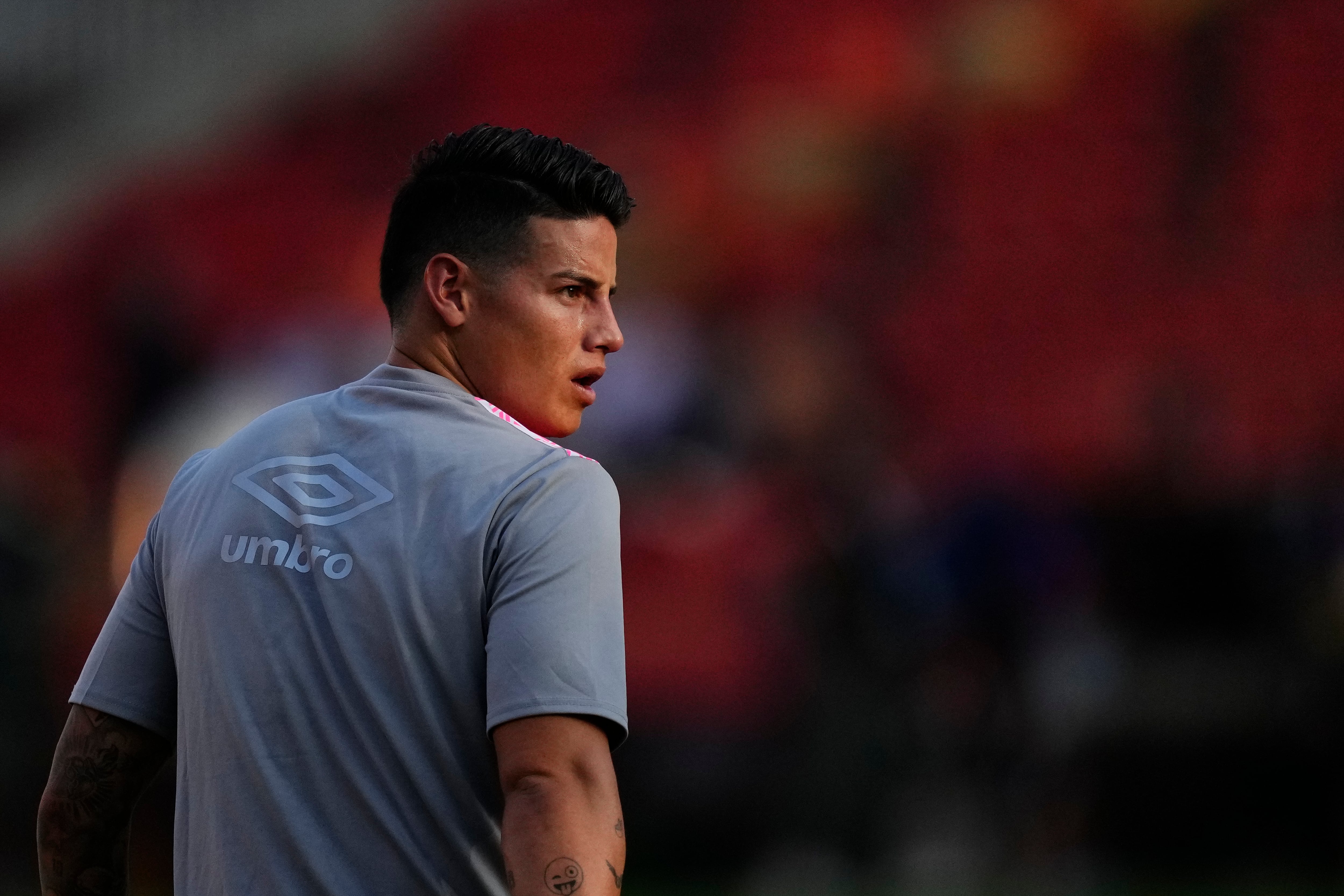 James Rodriguez attacking midfield of Rayo Vallecano and Colombia during the warm-up before prior the La Liga match between Rayo Vallecano and FC Barcelona at Estadio de Vallecas on August 27, 2024 in Madrid, Spain. (Photo by Jose Breton/Pics Action/NurPhoto via Getty Images)