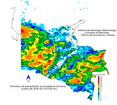 Mapa del clima en Colombia del martes 23 de junio.
