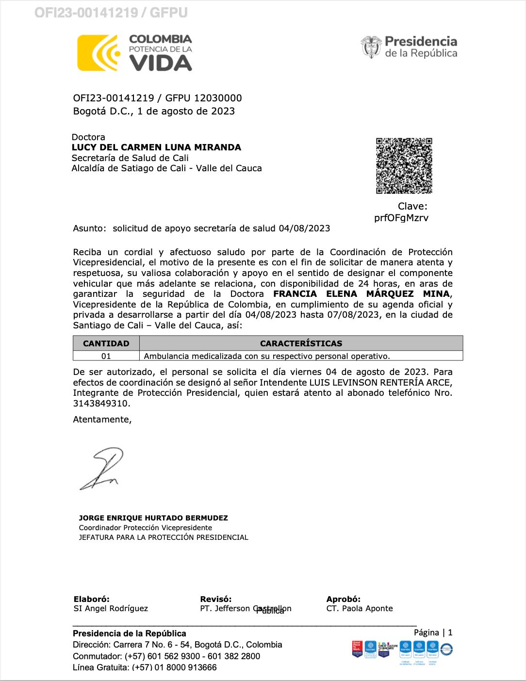 Solicitud del 1 de agosto a la Secretaría de Salud de Cali.