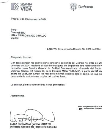 Documento mediante el cual el coronel Juan Carlos Mazo es notificado como nuevo director de Indumil.