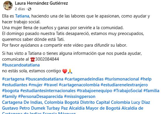 El mensaje de Laura Hernández, prima de Tatiana.