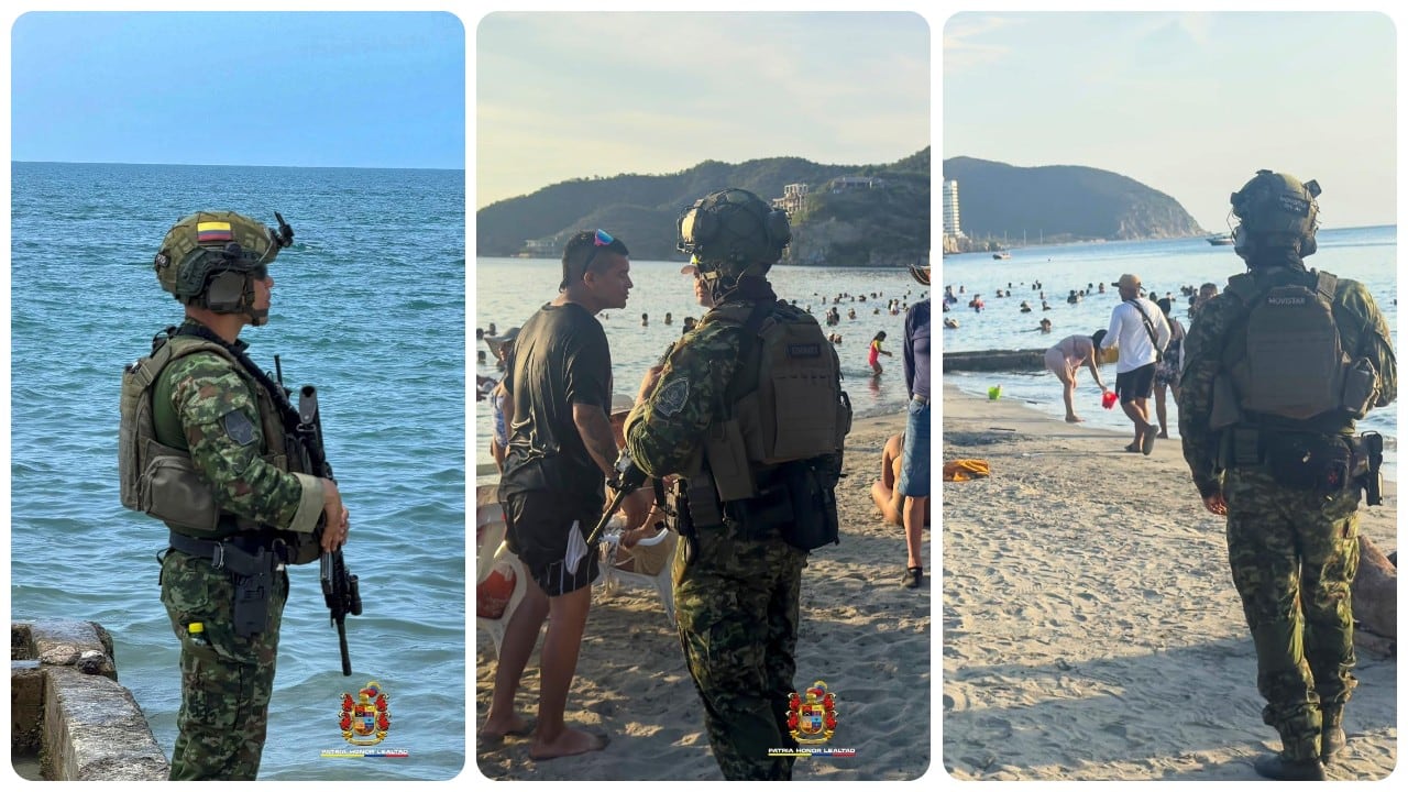 Miembros del Ejército Nacional patrullan las playas de Santa Marta.