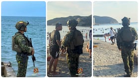 Miembros del Ejército Nacional patrullan las playas de Santa Marta.