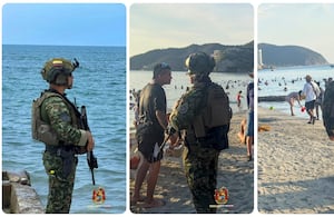 Miembros del Ejército Nacional patrullan las playas de Santa Marta.