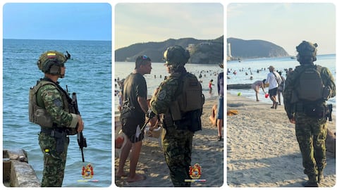 Miembros del Ejército Nacional patrullan las playas de Santa Marta.