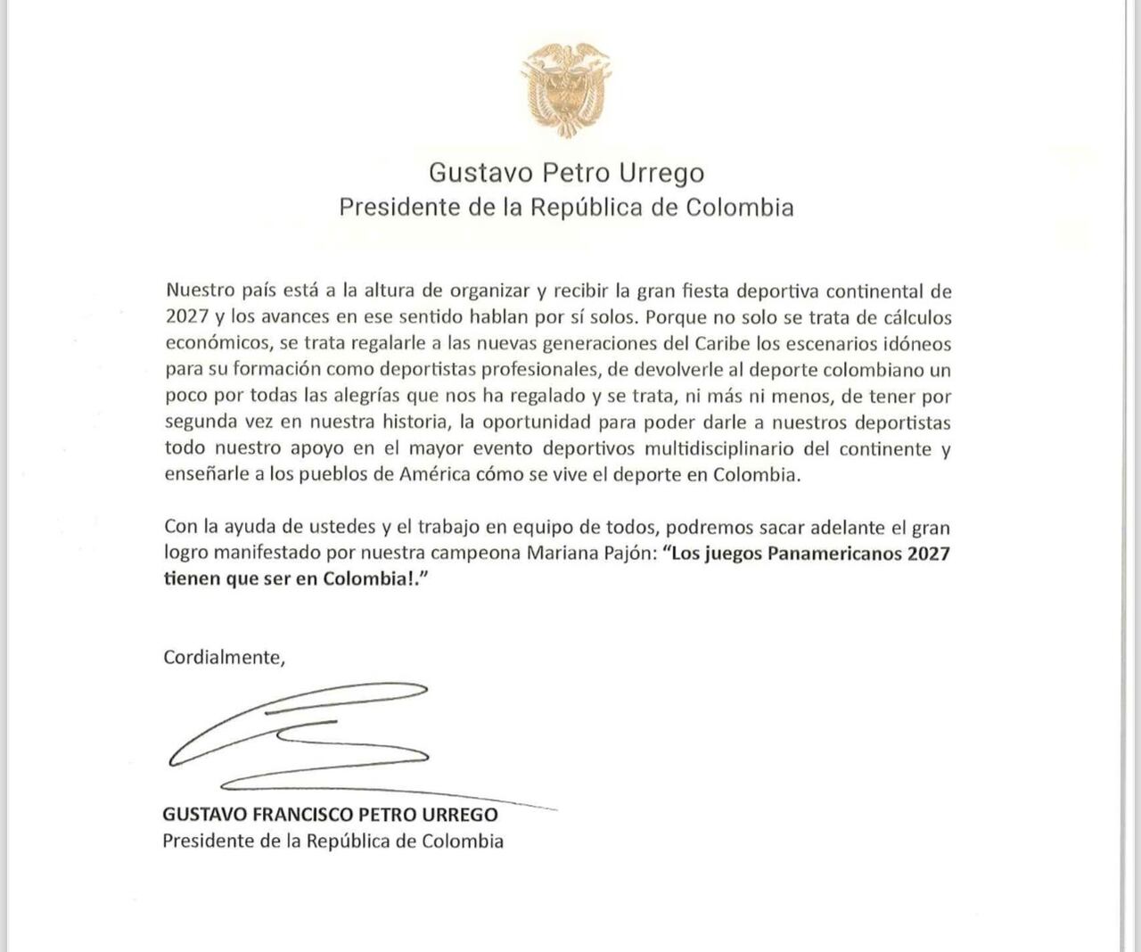 Carta presidente Gustavo Petro a Panam Sports