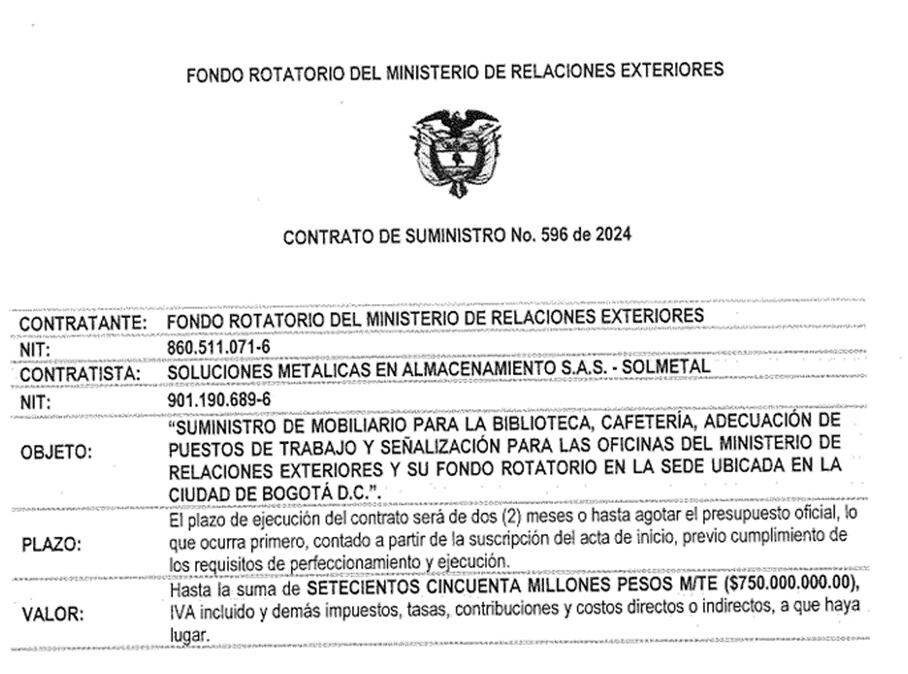 Este es el contrato que suscribió la cancillería por 750 millones de pesos, ya lo pagó, tiene acta de recibo y no han entregado los elementos.