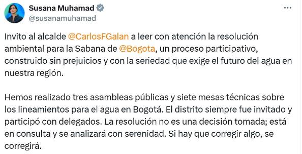 Trino de Susana Muhamad invitando a Galán a que lea la resolución de la Sabana de Bogotá