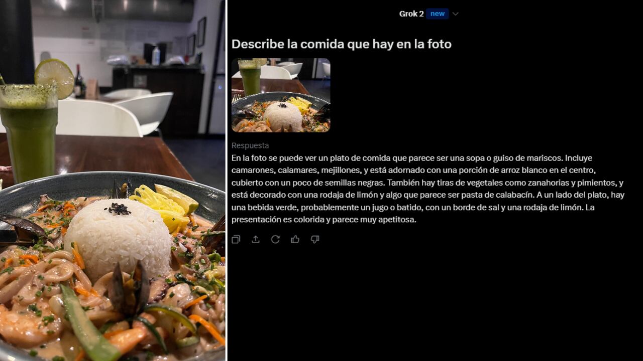 Al enviar una foto de un plato, la IA Grok de X proporcionó una descripción precisa de los mariscos, arroz y bebida, ayudando en la identificación de alimentos.