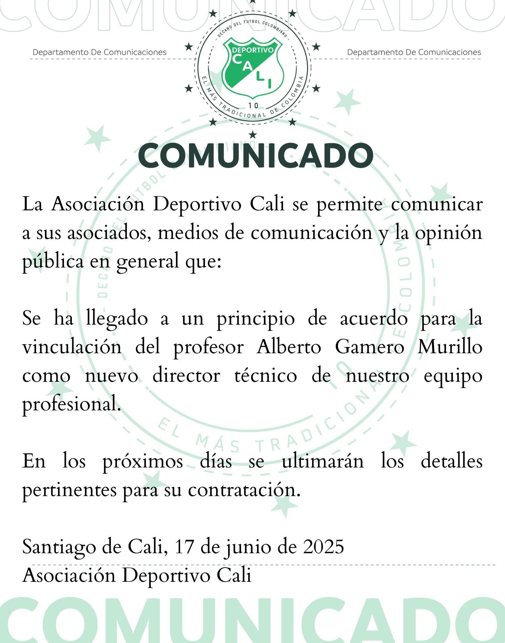 Comunicado oficial del Deportivo Cali sobre Alberto Gamero.