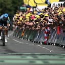 Team Jayco AlUla's Swiss rider Mauro Schmid (L) cycles to the finish line ahead of XDS Astana Team's Colombian rider Harold Tejada (R) to win the 13th stage of the 113th edition of the Tour de France cycling race, 205,8 km between Dole and Belfort in eastern France, on July 17, 2026. (Photo by Jeff PACHOUD / AFP)
