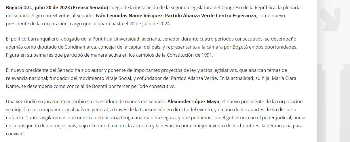 Nota sobre Iván Name donde lo califican como abogado en una nota de prensa del Senado de la República.