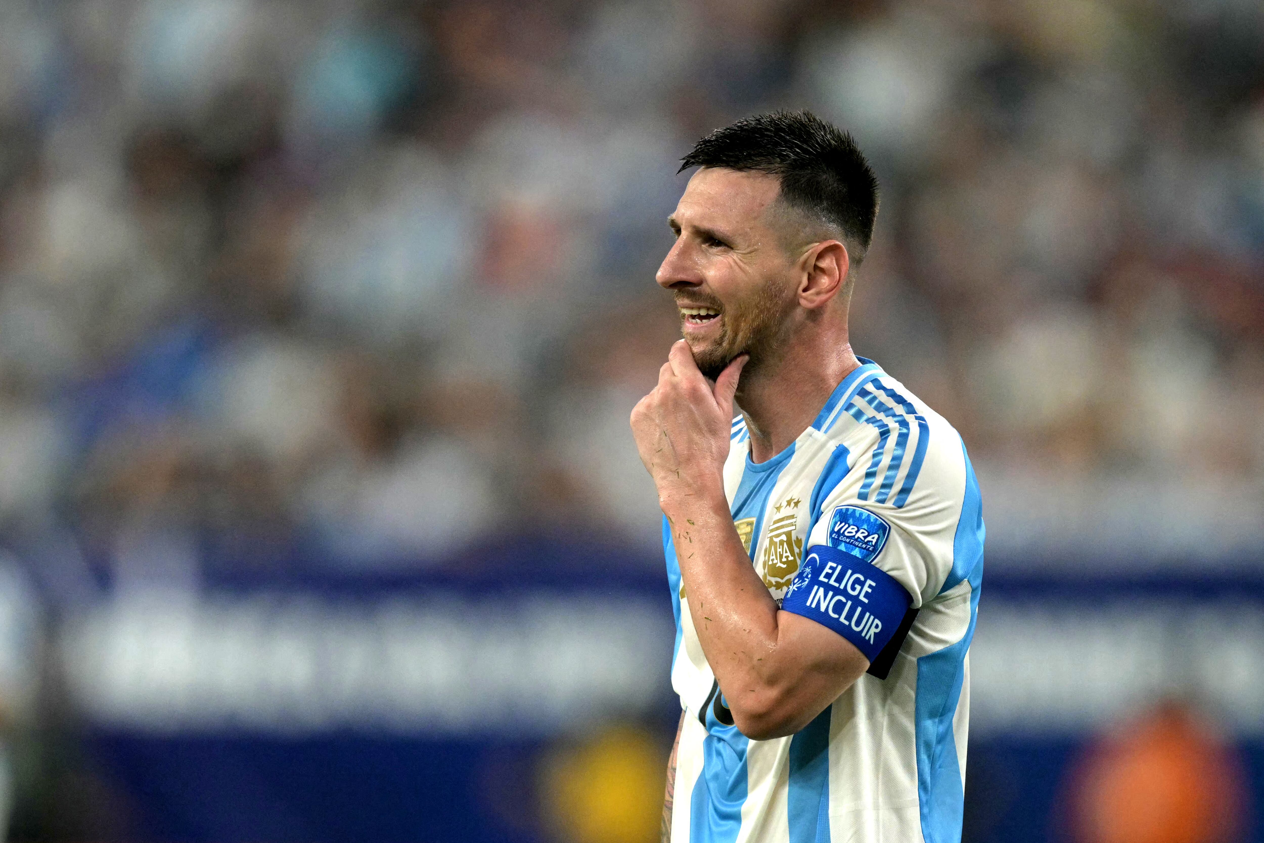Argentina's forward #10 Lionel Messi gestures during the Conmebol 2024 Copa America tournament semi-final football match between Argentina and Canada at MetLife Stadium, in East Rutherford, New Jersey on July 9, 2024. (Photo by JUAN MABROMATA / AFP)
