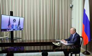 Russian President Vladimir Putin is shown during his talks with U.S. President Joe Biden via videoconference in the Bocharov Ruchei residence in the Black Sea resort of Sochi, Russia, Tuesday, Dec. 7, 2021. The video call between U.S. President Joe Biden and Russian President Vladimir Putin, during which the two leaders are expected to discuss tensions over Ukraine. (Mikhail Metzel, Sputnik, Kremlin Pool Photo via AP)
